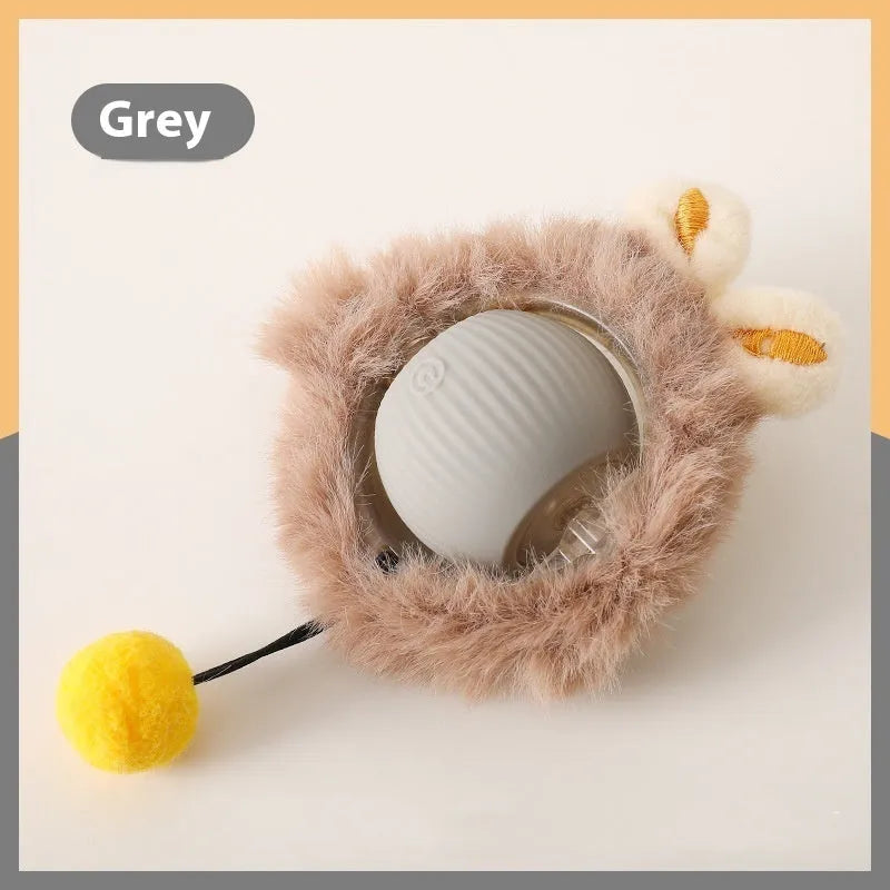 Silicone self-moving rolling ball cat toy in green, red, and grey colour options.