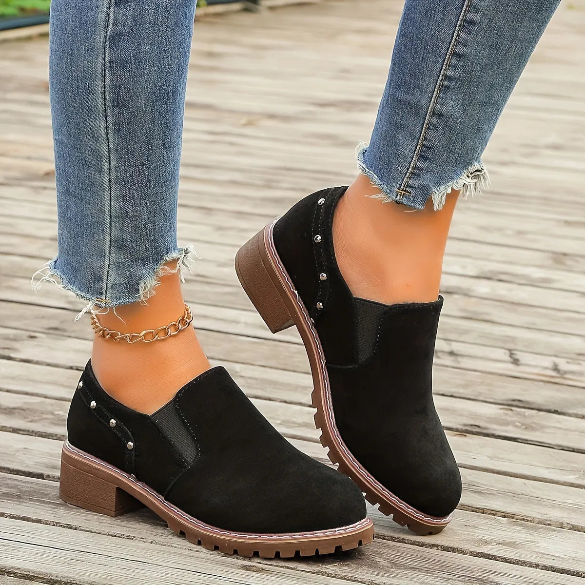 Light brown plus size suede ankle boots with elastic band and low rubber sole