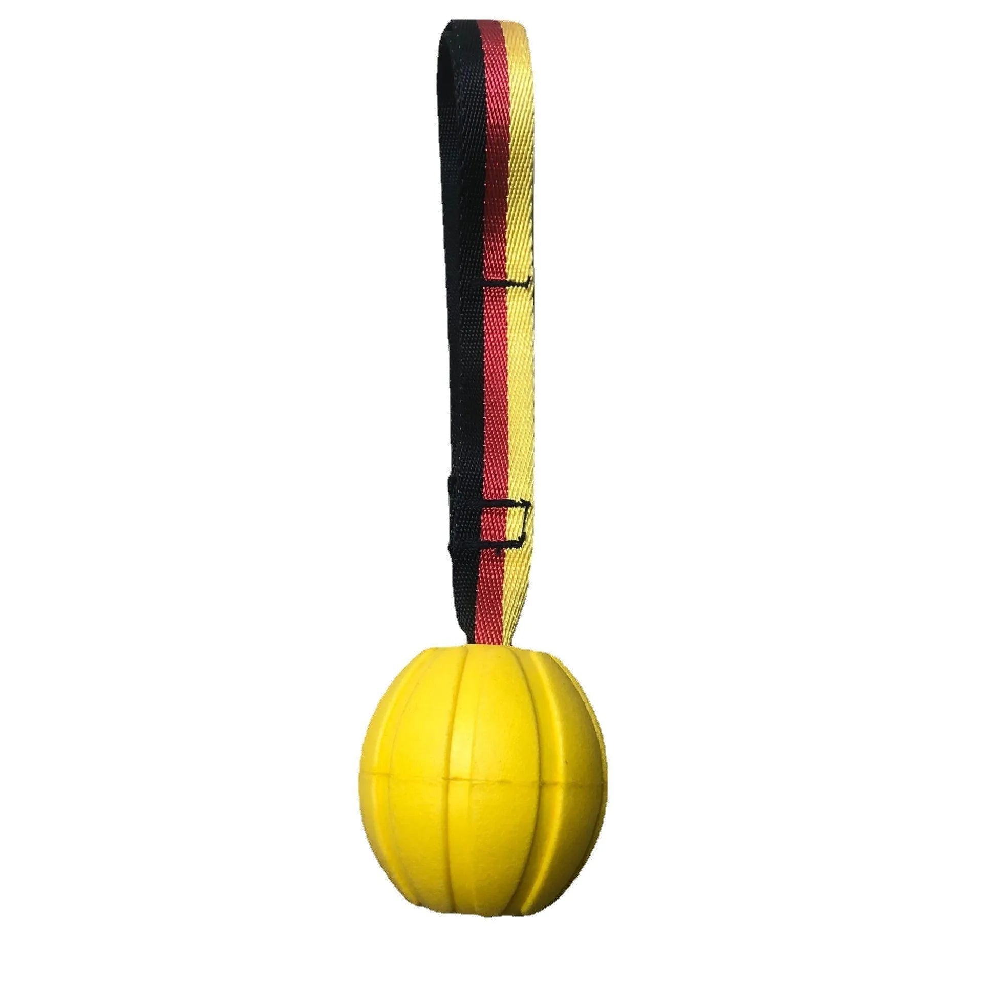 Yellow and camouflage coloured EVA foam floating dog ball with string attached for fetch and water training.