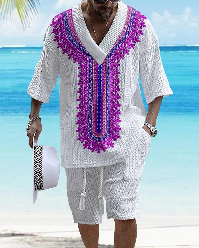 Men's printed drop-shoulder knitted short-sleeve top with matching shorts, a casual suit set.