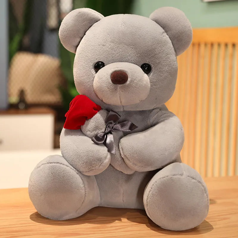 Rose bear plush pillow stuffed animal doll in beige, brown or grey with clear cartoon printing