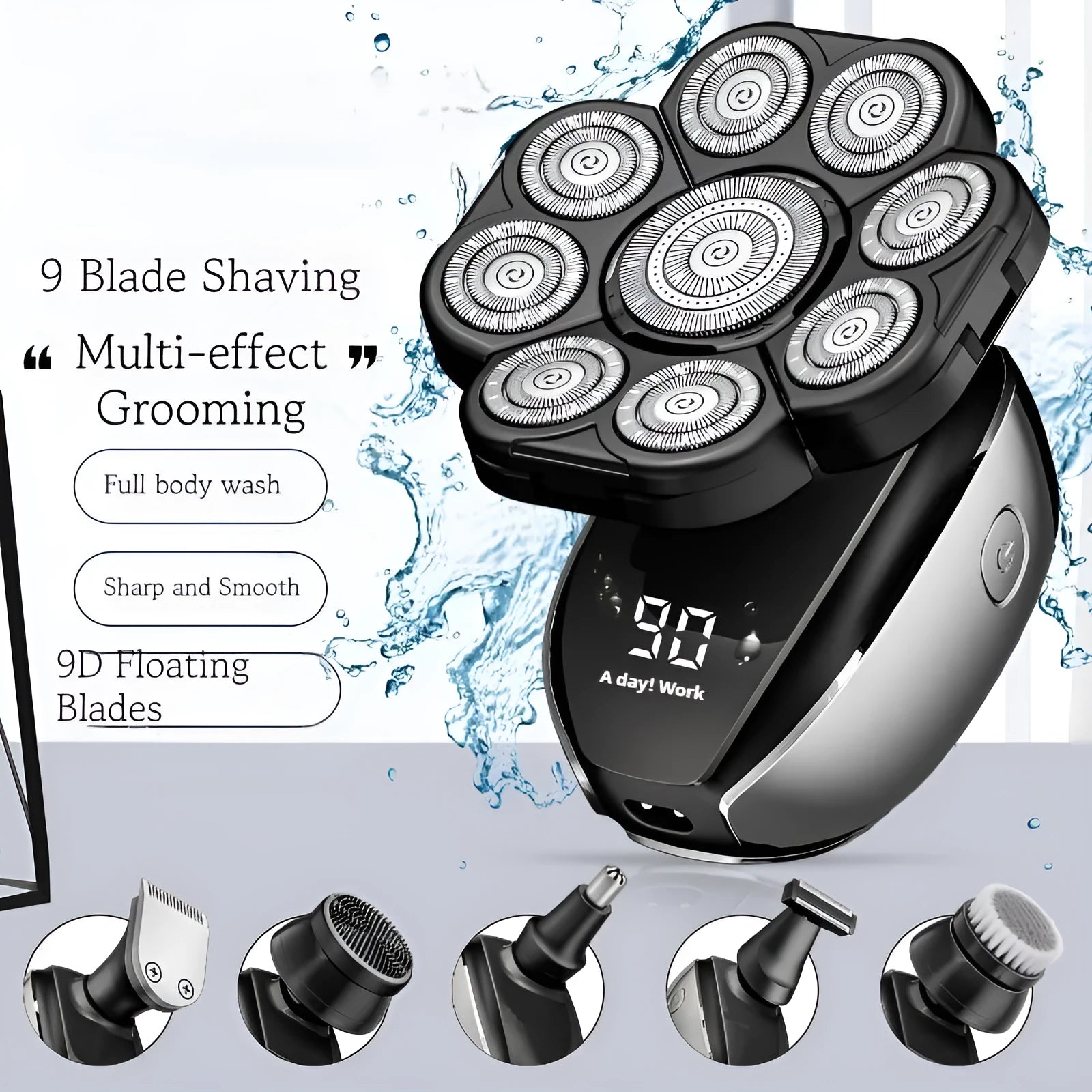 Black rechargeable hair clipper kit with multiple attachments including shaver, nose trimmer, and combs