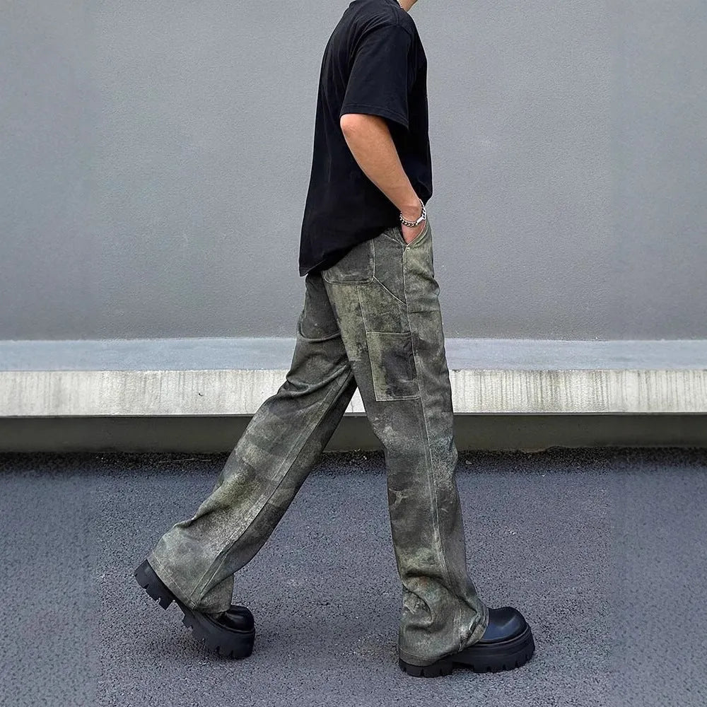 Men's retro digital camouflage denim jeans with straight leg cut and mid waist design