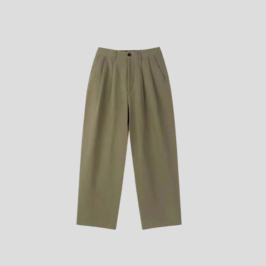Men's Korean-style loose fit cotton linen trousers in apricot, army green and purplish blue colours