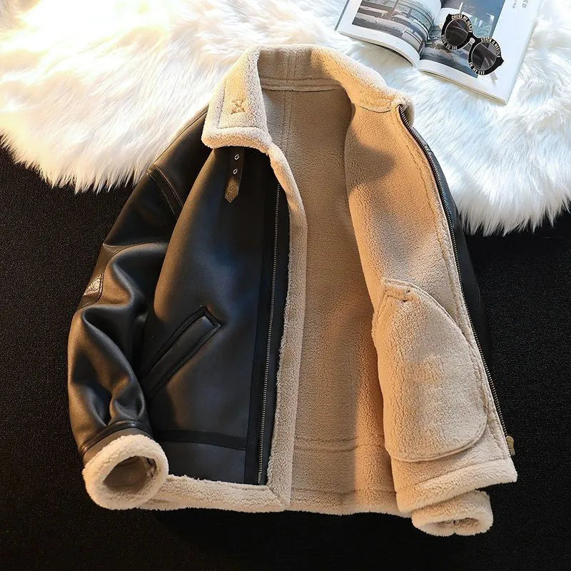 Men's Winter Fleece Cashmere Leather Coat Casual Solid Colour Polyester Jacket Black Dark Brown Sizes M L XL 2XL 3XL Teenagers Adults Male Casual Wear Outerwear