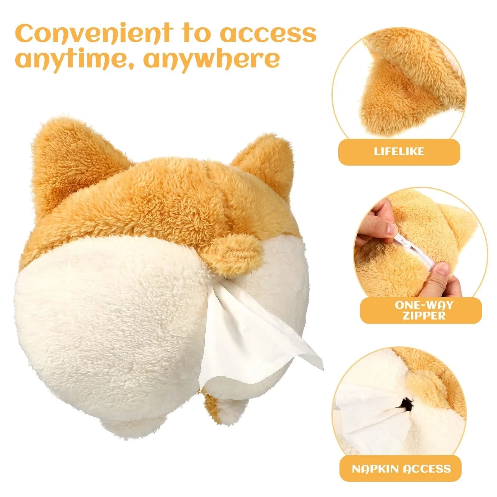 Yellow soft plush corgi butt shaped tissue box cover with elastic strap for car or home.
