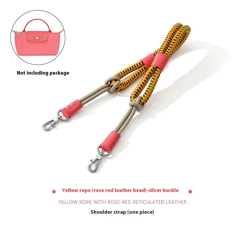 Braided nylon and cowhide leather crossbody strap with alloy buckle in gold or silver finish