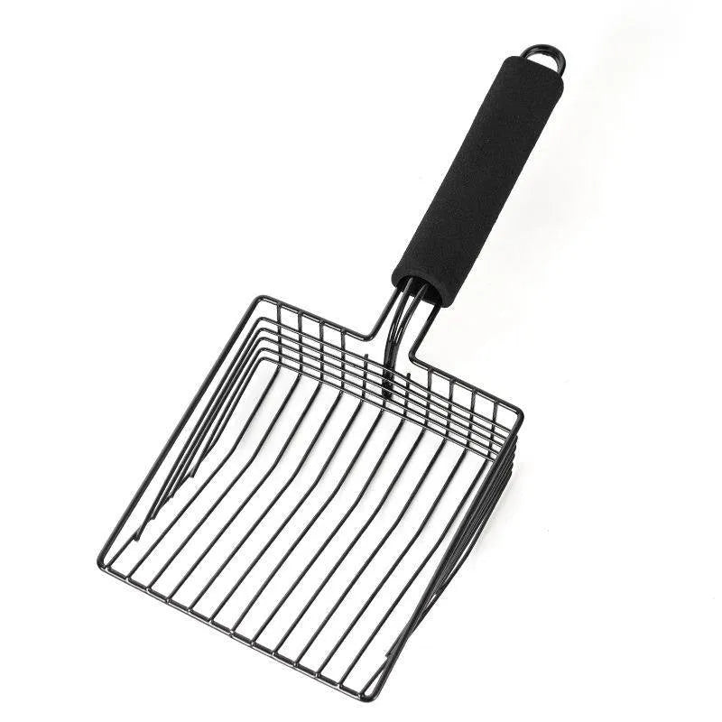Black alloy metal cat litter scoop with narrow tines and a long handle.
