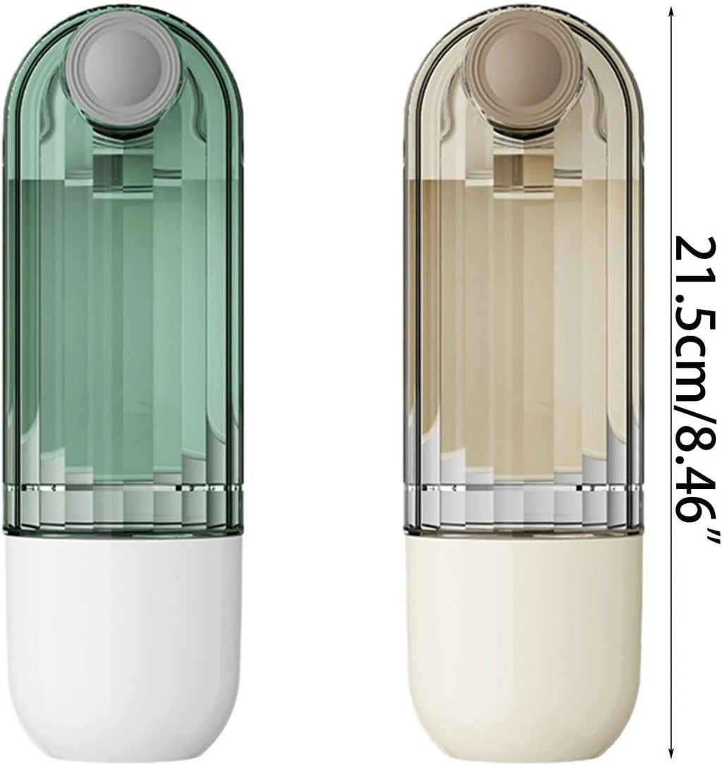 Beige foldable dog water bottle with food dispenser shown extended and collapsed for walking.