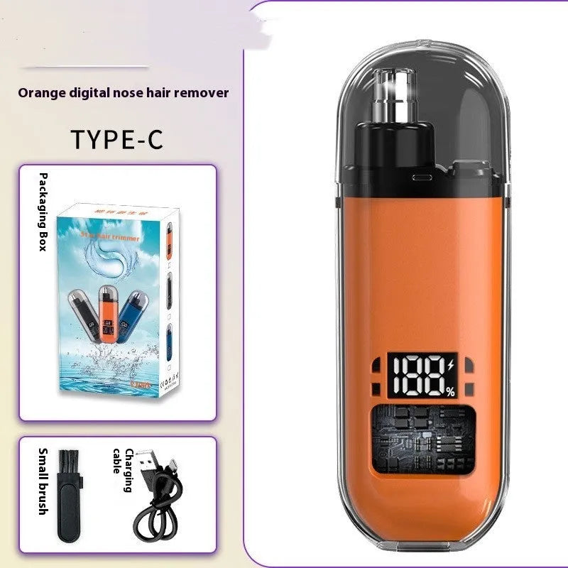 Rechargeable nose hair trimmer with digital display in black, blue, or orange colours