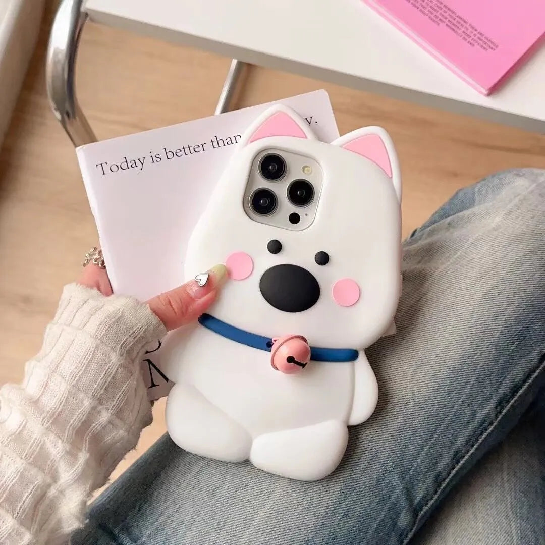 Pink silicone phone case with cartoon little white dog and bell charm for iPhone