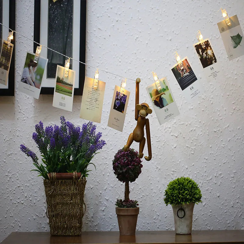 LED photo wall clip light string with heart-shaped clips, warm white lights, plastic construction, IP44 rated
