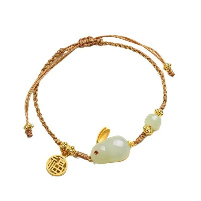 Hetian jade geometric rabbit charm bracelet on a yellow string for women