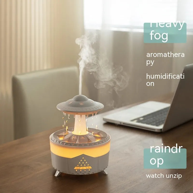 Raindrop humidifier with 350ml capacity, 7 colour nightlight, and essential oil diffuser in white finish