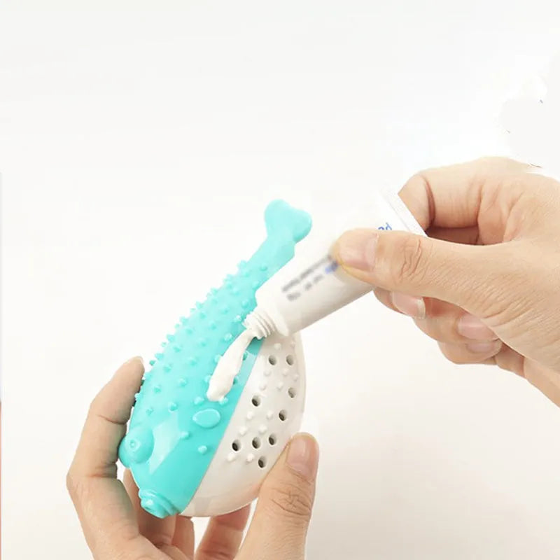Silicone fish-shaped cat chew toy in blue, green, pink, or yellow colours for reducing destructive chewing