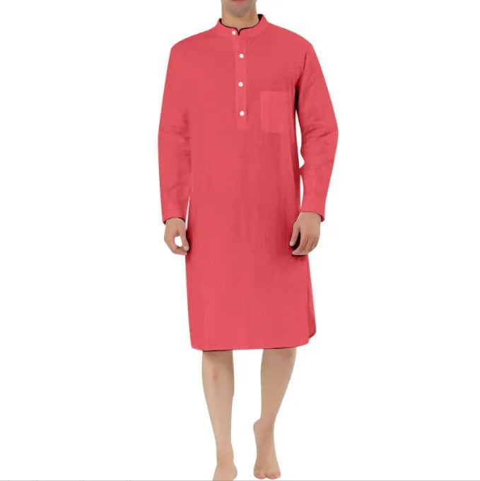 Men's button-front cotton robe in light blue with large patch pockets, shown in size medium.
