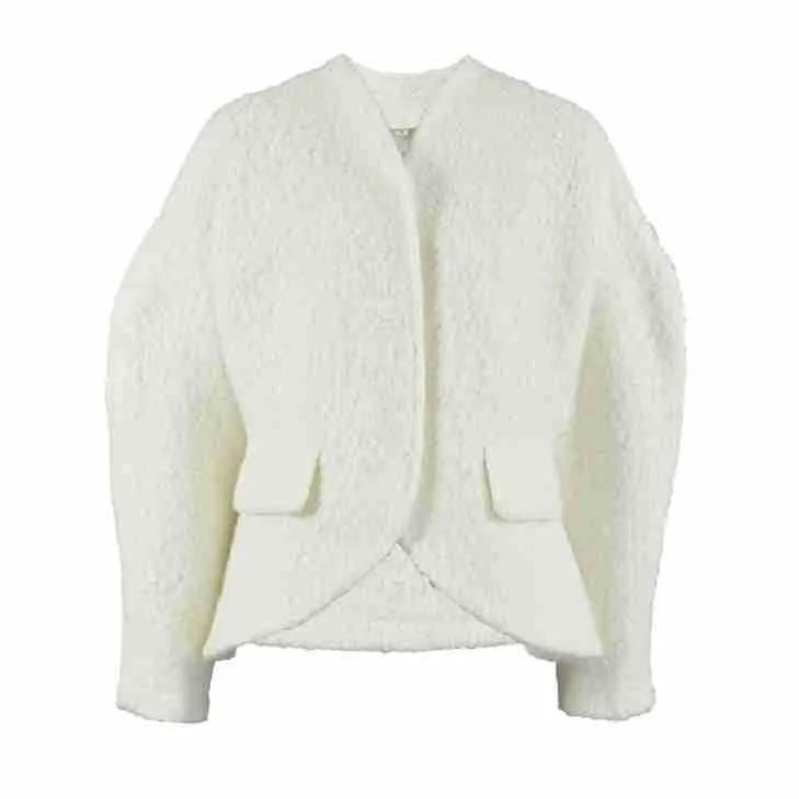 Women's coarse woolen thick polyester coat in solid white with raglan sleeves and stitching details