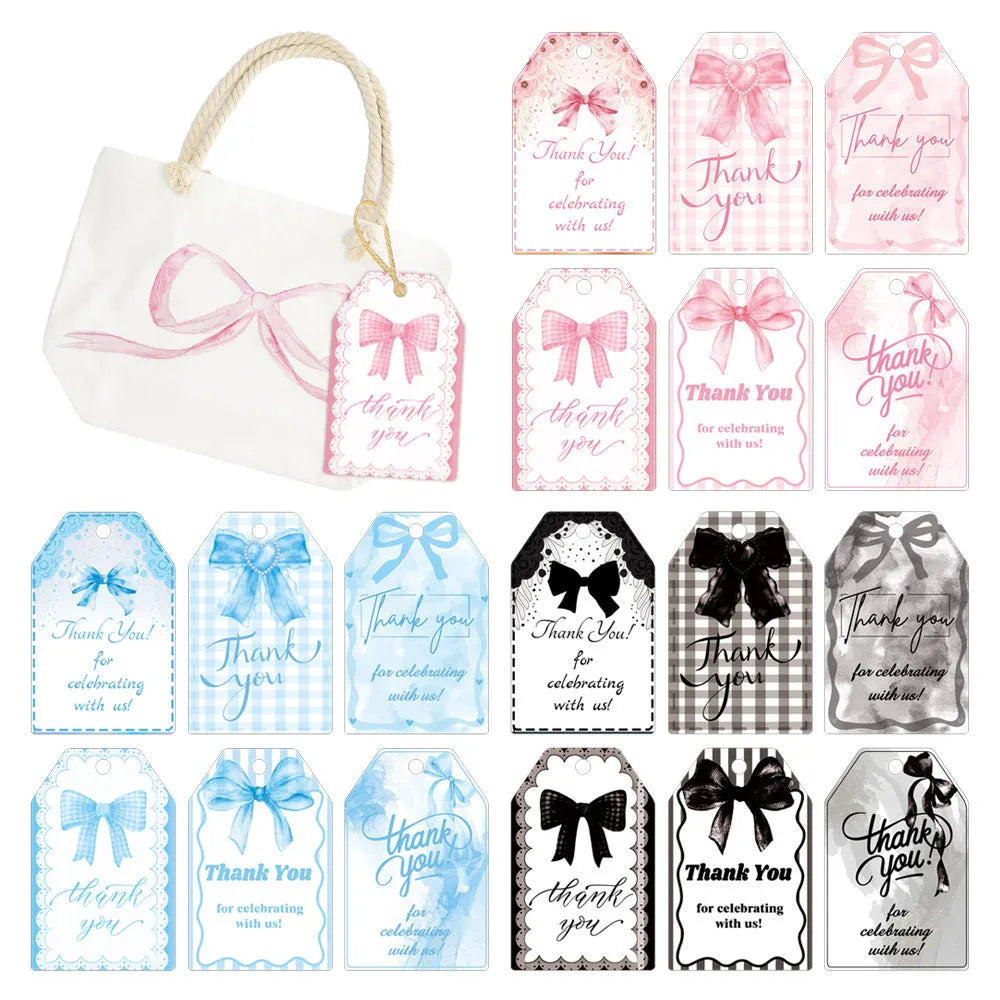 Set of 60 paper birthday gift tags with natural hemp rope in three bowknot designs.