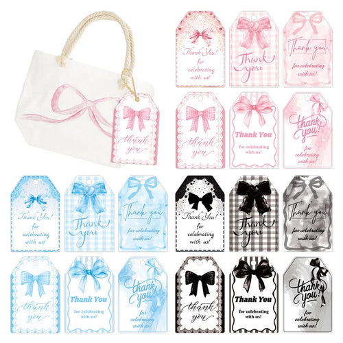 Set of 60 paper birthday gift tags with natural hemp rope in three bowknot designs.