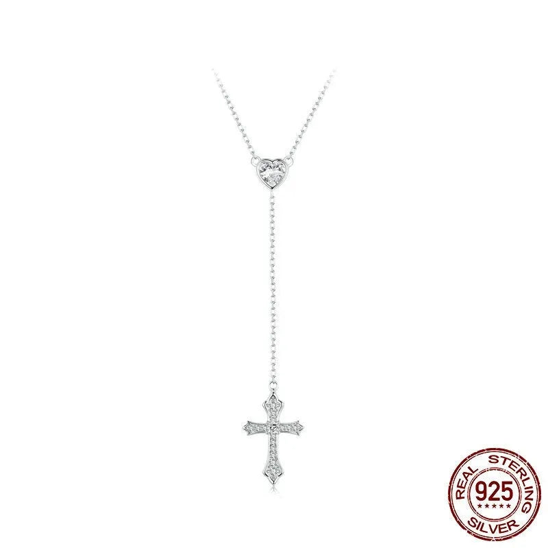 Simple silver cross necklace with V-neck pendant on O-ring chain in colour BSN384