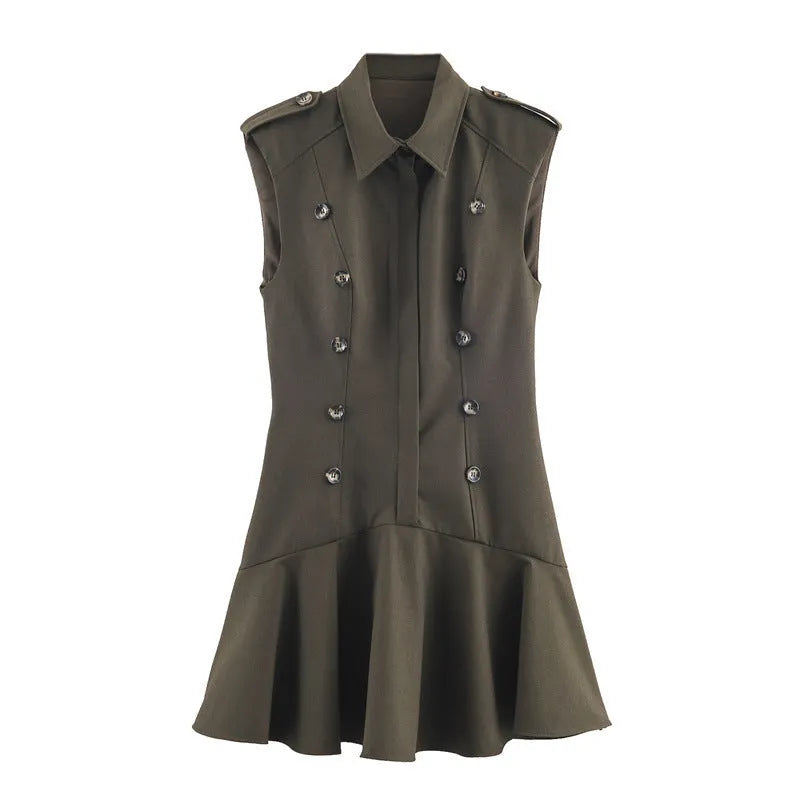 Women's short dress with padded shoulder and laminated decoration, asymmetric hem, pleated nylon fabric, stripes and plaid pattern