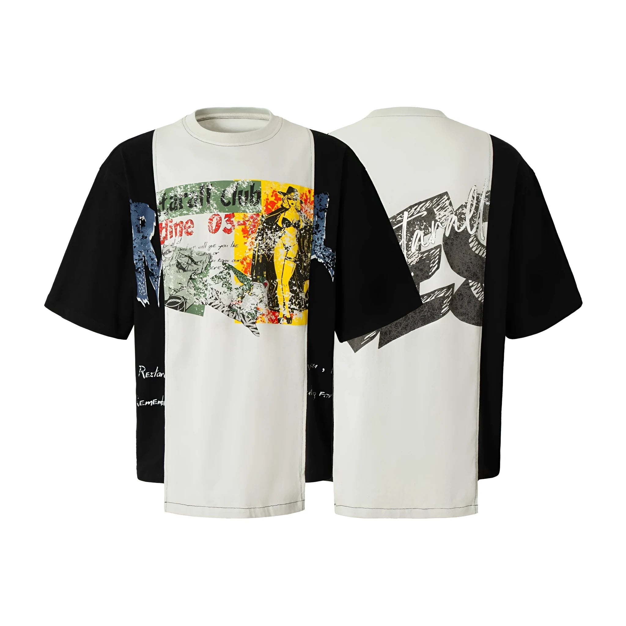 Black and white deconstruction print loose fit cotton blend T-shirt for summer streetwear
