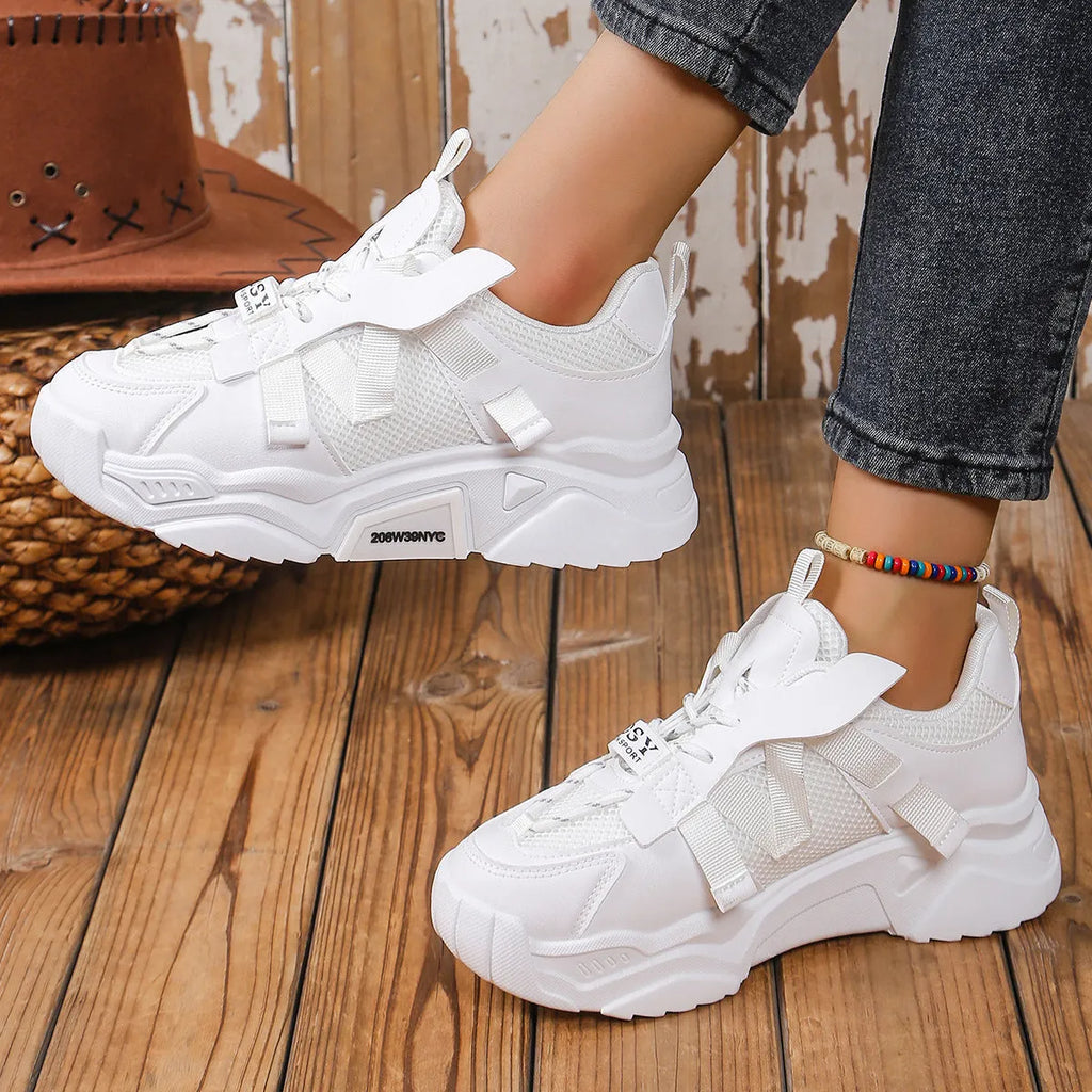 Women's platform mesh dad shoes in multiple colours with animal pattern design and lace-up front