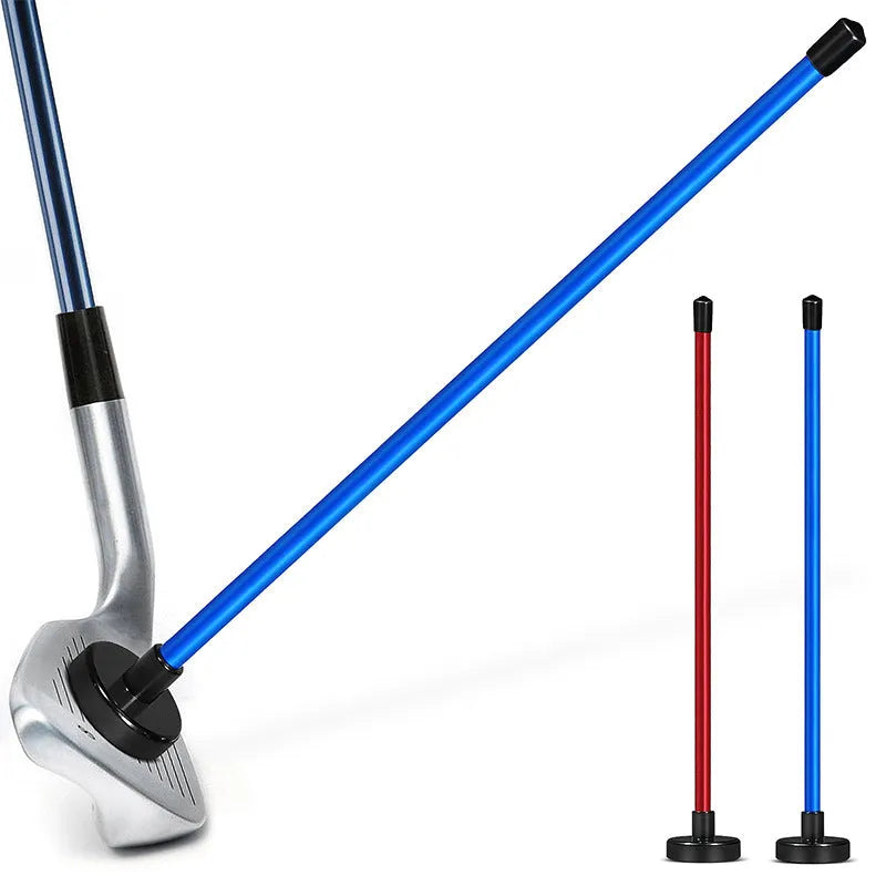 Red aluminium golf swing trainer with magnetic baseball bar alignment system attached to golf club