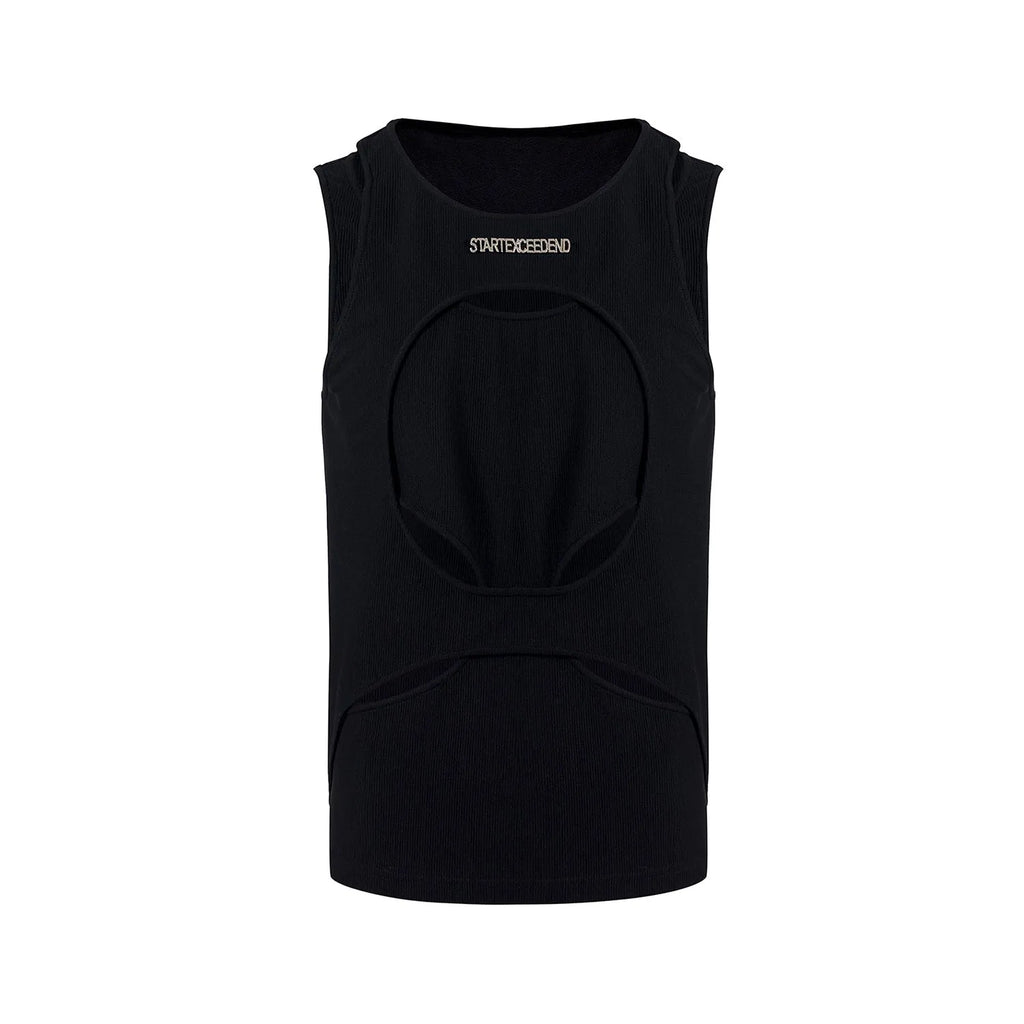 Men's black sleeveless waistcoat with hollow thread construction and round neck collar