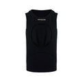 Men's black sleeveless waistcoat with hollow thread construction and round neck collar