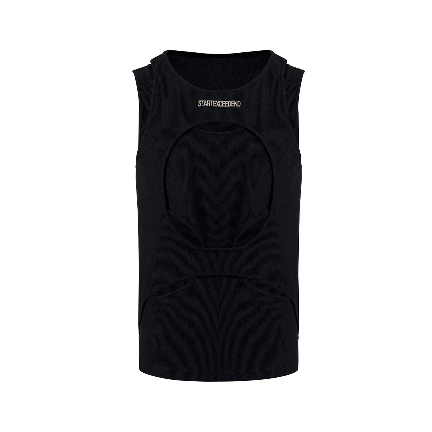 Men's black sleeveless waistcoat with hollow thread construction and round neck collar
