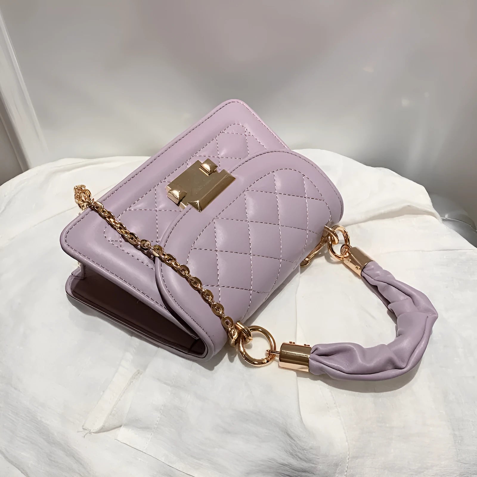 Korean style small square ladies crossbody bag in purple colour with soft PU surface