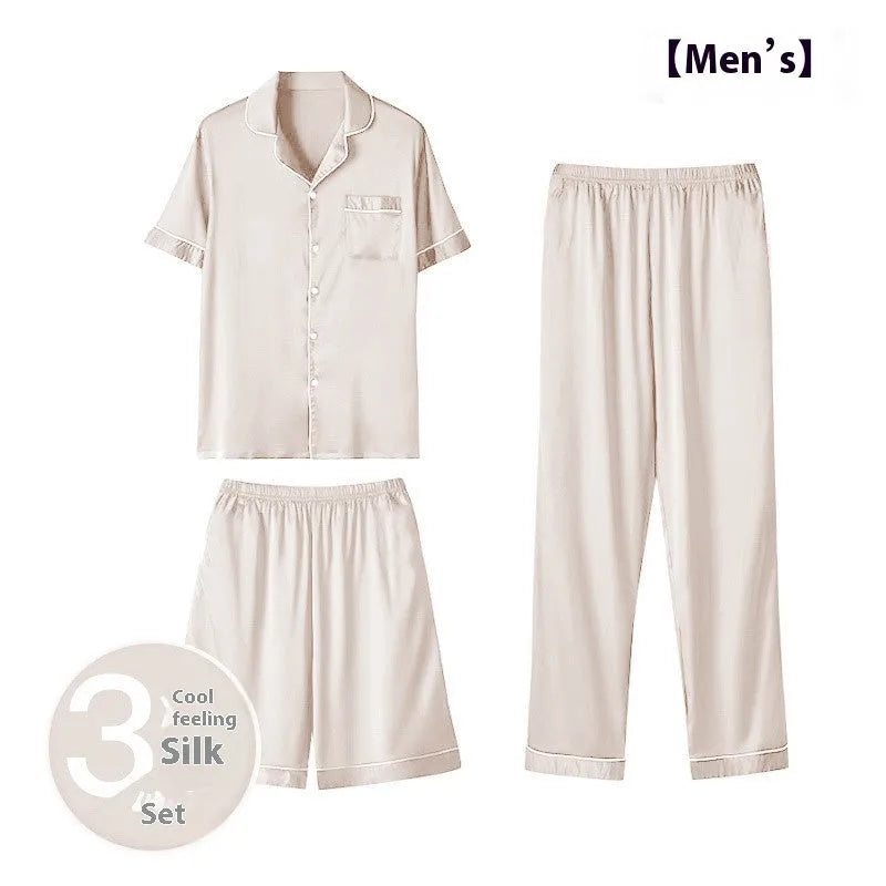 Men's thin ice silk three-piece home wear loungewear set in multiple colours, sizes up to 5XL.