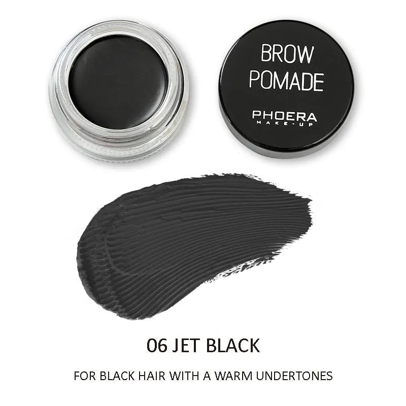 Phoera Eyebrow Cream in six colour shades with double-ended brush, taupe and soft brown pots visible