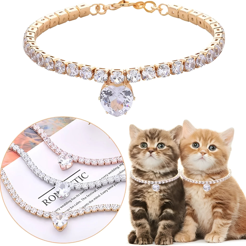 Rhinestone heart-shaped decorative collar for cats and dogs in gold metal finish