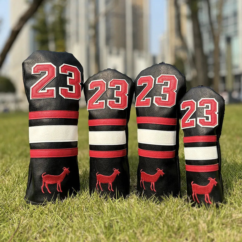Set of four PU golf club head covers in a chosen colour for driver, fairway wood, UT iron, and Square putter.