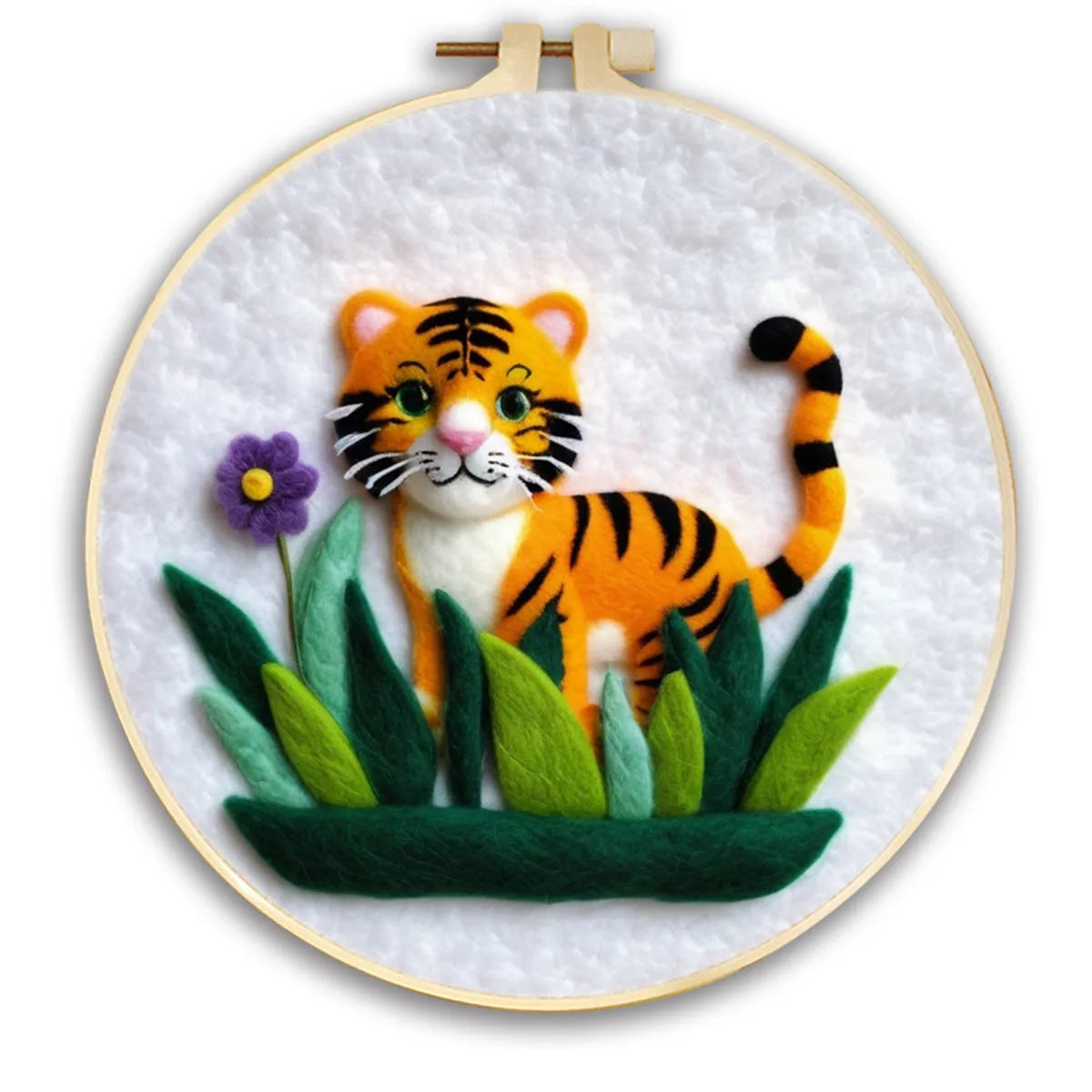 Round 20x20 cm linen embroidery kit with wool felt pieces for floral design and included embroidery frame.