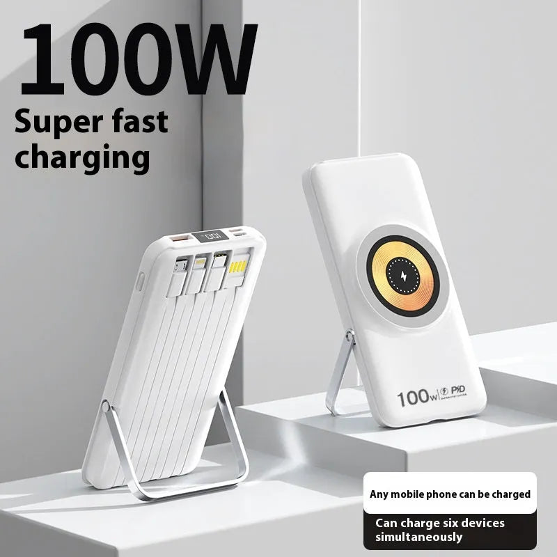 20000 MA power bank with built-in cable and fast charging, compact PVC shell in black