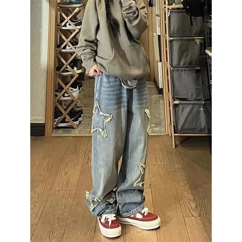 Blue women's wide-leg denim jeans with high waist and straight leg design