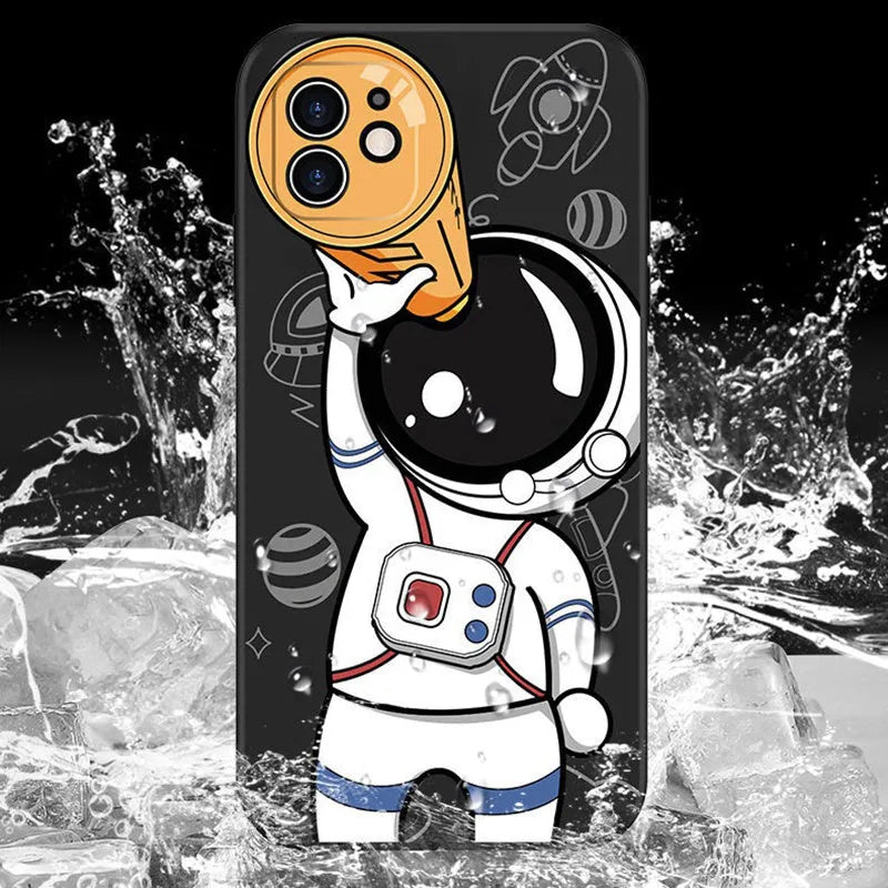 Cartoon astronaut and starry sky design on a black silicone phone case for iPhone.