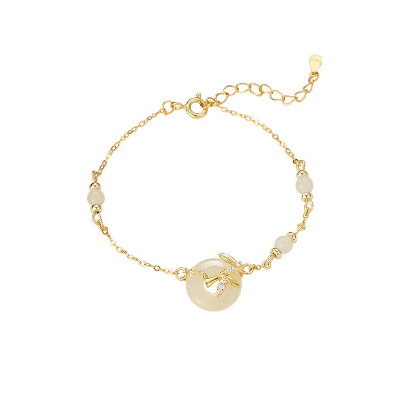 Women's antique-style Hetian Jade bracelet with 925 silver safety buckle in gold or silver colour options