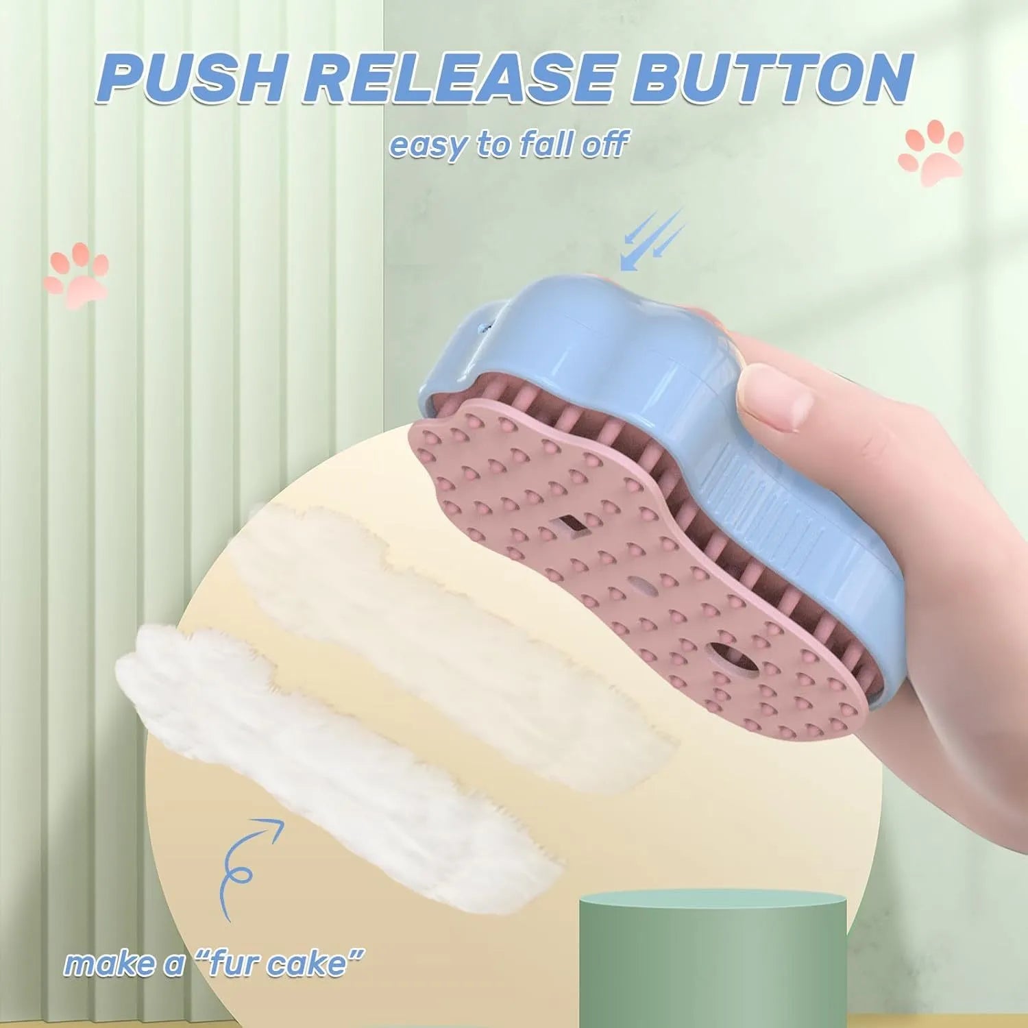 Self-cleaning cat steam brush with silicone brush head and release button for pet grooming