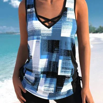 Women's printed split boxer swimsuit with top and shorts in polyester fabric