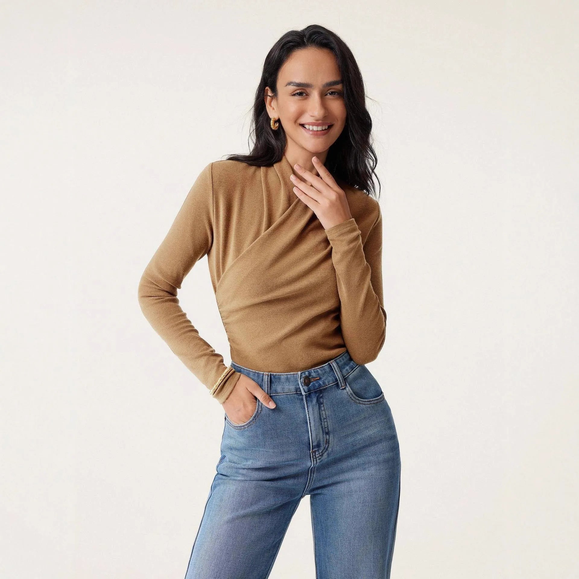 Women's camel colour slim fit pullover sweater with long sleeves