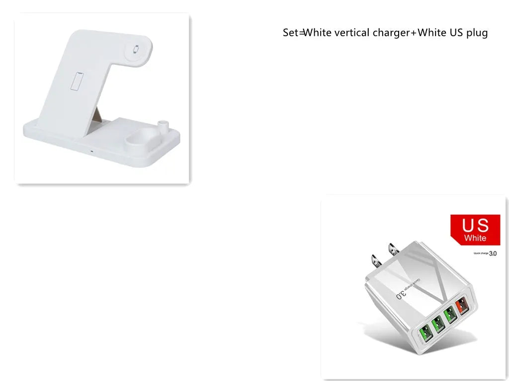 Black and white 4-in-1 wireless charging station showing phone on adjustable stand, Apple Watch, AirPods, and Apple Pencil charging simultaneously.
