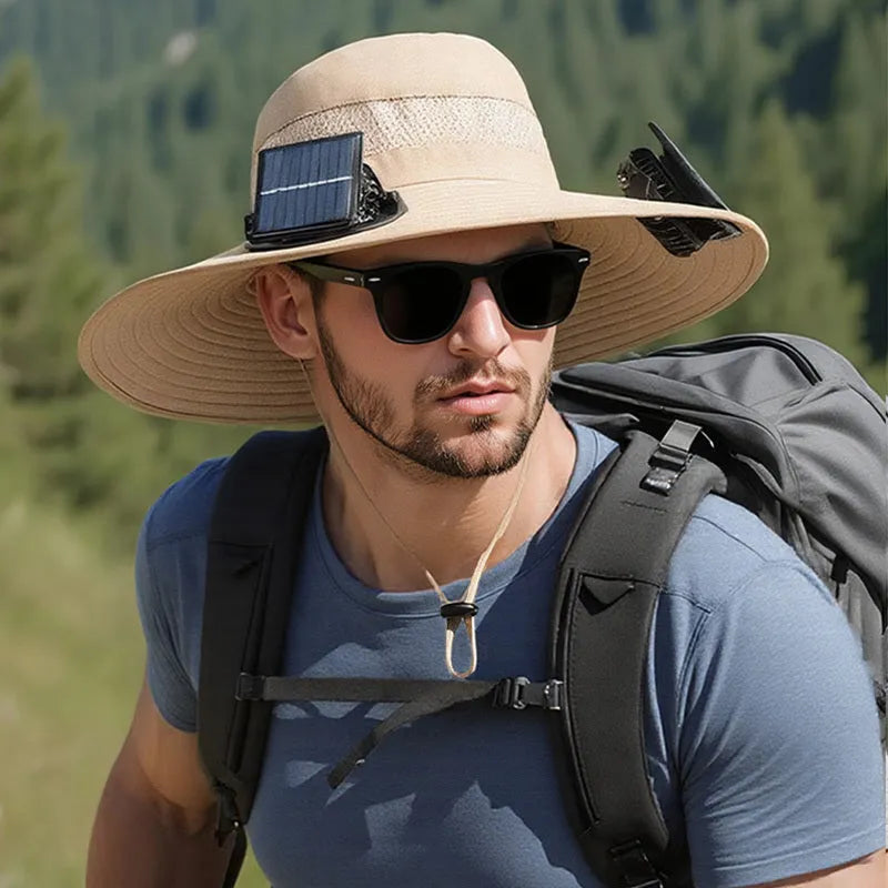 Men's beige solar-powered fan hat with wide brim and integrated cooling fan