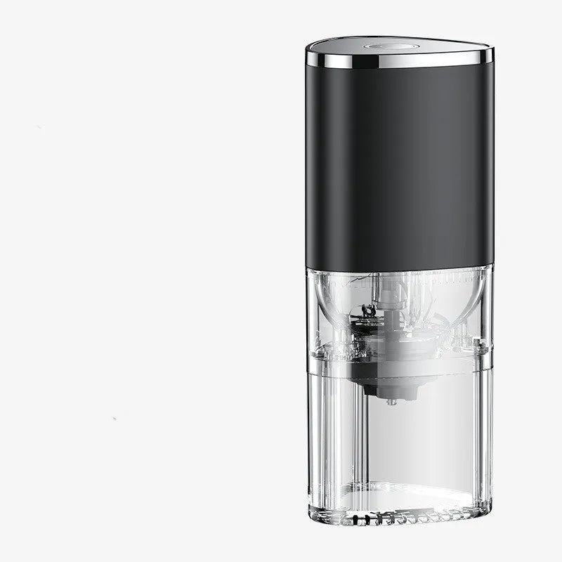 Electric coffee grinder with ceramic burr, USB rechargeable, portable, in frosted white on dark background