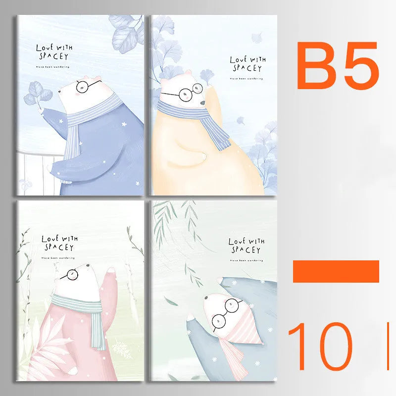 Bundle of ten soft-cover kraft paper notebooks with thread binding in various animal and nature designs.