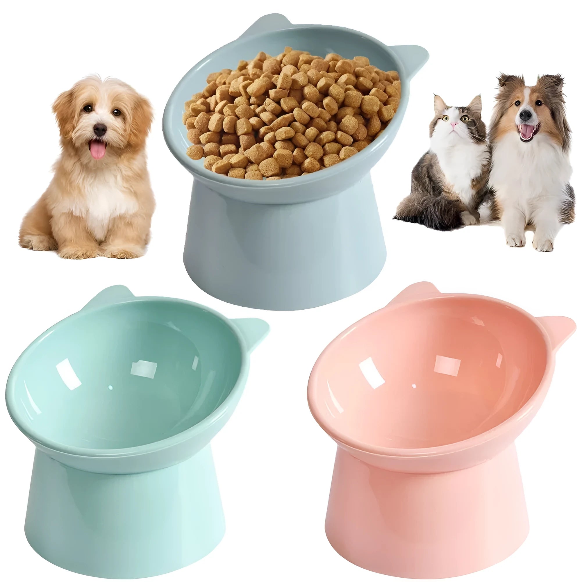 Ergonomic tilted raised plastic cat food bowl in blue with non-slip base for anti vomiting feeding