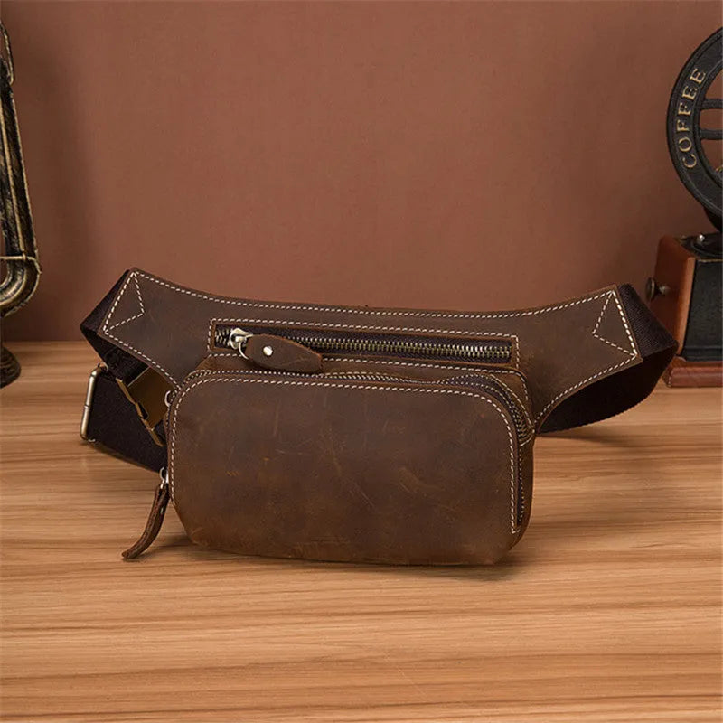 Brown cowhide men's sports waist bag with adjustable strap and internal phone pocket